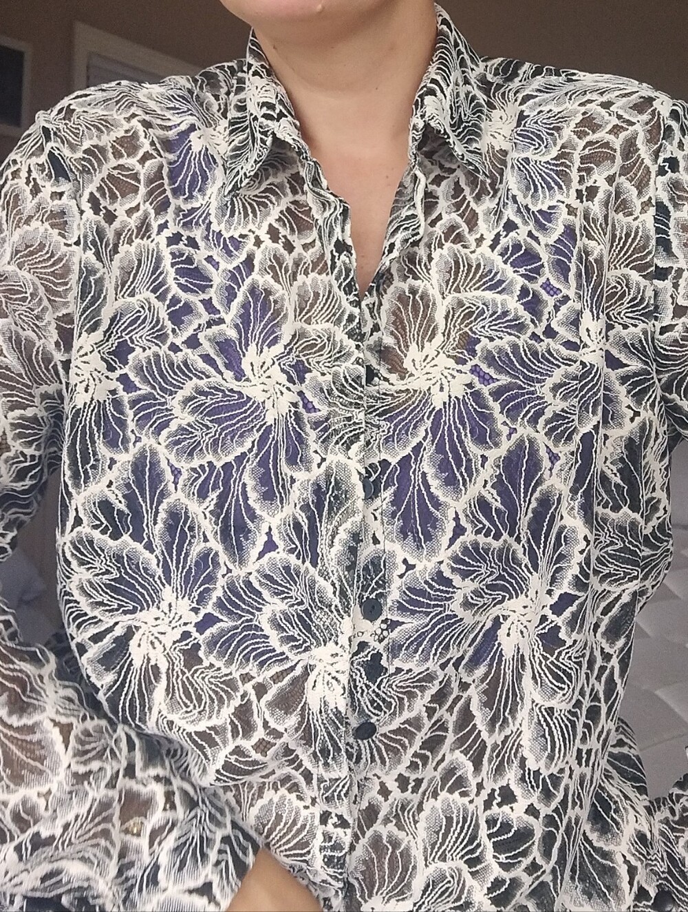 Anne Fontaine Black and White Floral Lace-Trim Button Down Shirt Medium